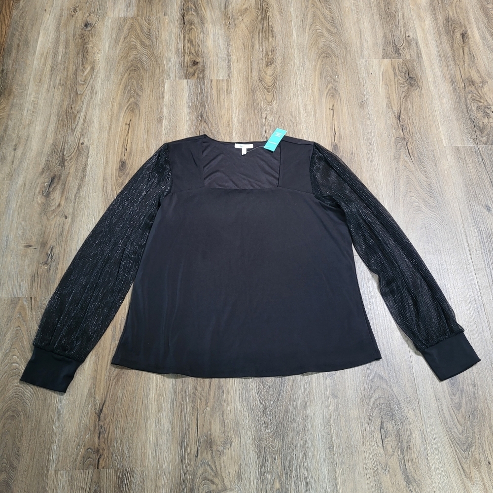 Maurices Black Square Neck Top Sheer Sleeves Size Medium New